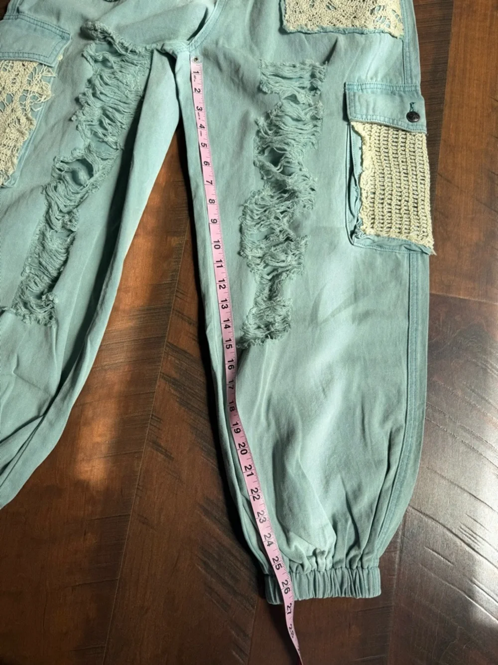 POL Mint Green Distressed Cargo Joggers with Crochet Patchwork Women Small - Picture 6 of 9